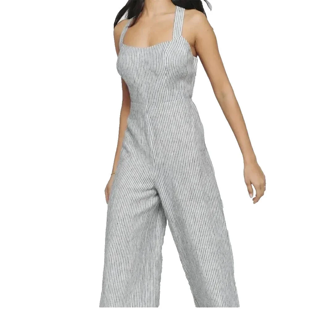 Reformation Women's Autumn Linen Jumpsuit Vineyard Stripes Open Back Size 8 NWT
